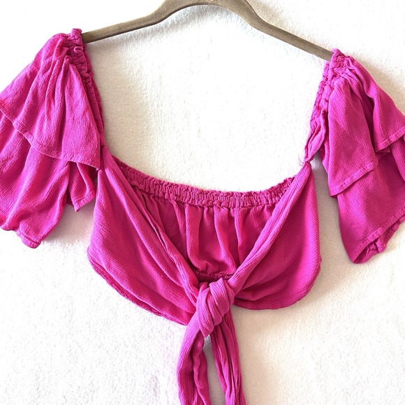 Meshki Tops - Meshki‎ M Medium Aaliyah Tie-Front Crop Top Hot Pink Off Shoulder Poet Peasant